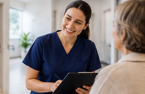 Enfermera conversando con una paciente mayor en un centro de salud.