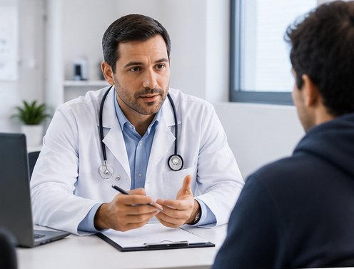 Médico conversando con un paciente durante una consulta.