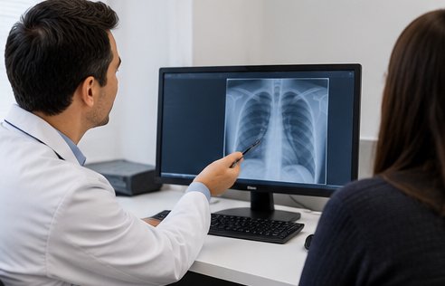 Médico mostrándole una radiografía de tórax a una paciente en la pantalla.
